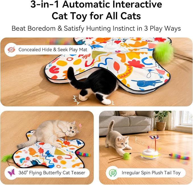 Interactive Cat Toys for Indoor Cats, 3 in 1 Hide and Seek Cat Toy with Moving Feather and Fluttering Butterfly, Rechargeable Touch Activated Automatic Kitten Toy, Squeaky Sound, 3 Modes