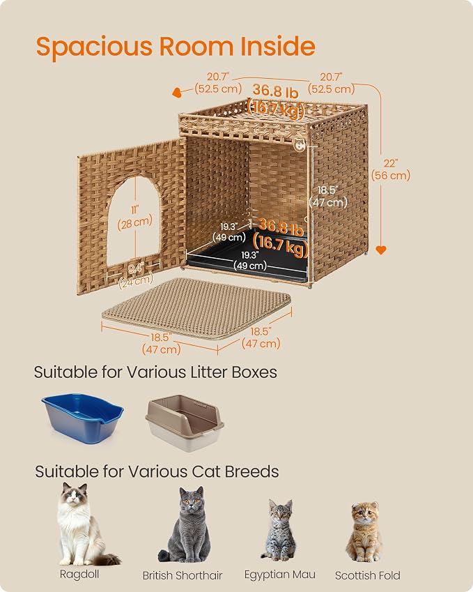 Feandrea Cat Litter Box Enclosure, Handwoven Rattan Hidden Furniture | Extra Mat, Removable Washable Tray, Boho Cat House, End Table, Goose Yellow UPCL024YE01