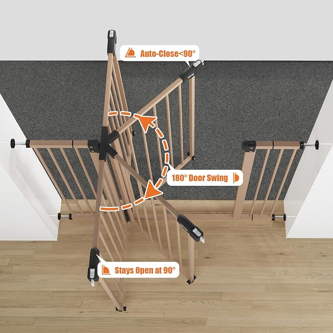 keny 29"-47.3" Extra Wide Baby Gate for Stairs, Auto Close Safety Dog Gate | Pressure Mounted No Drilling Pet Gate for Doorways, Easy Walk Through Stair Gate for Kids Todder, 30" Tall, Brown