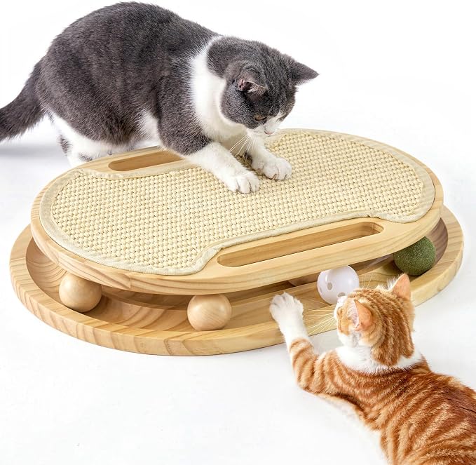 ZOMISIA Cat Scratcher with Ball Track Toy, Sisal Scratch Pad for Indoor Use | Wooden Interactive Cat Puzzle Toys for Adult Cats, Kitten Mental Stimulation Self Play Home Enrichment, Spinning Balls