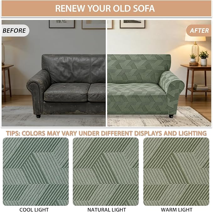 ZNSAYOTX Stretch Oversized Couch Covers for 3 Cushion Couch, 1-Piece Extra Large Sofa Cover Slipcover, Furniture Protector with Elastic Bottom Geometrical Jacquard Fabric (X-Large, Army Green)