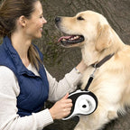26Ft Retractable Dog Leash - for Dog Up to 110lbs, Tangle Free Walking Leash with Chew Proof Cable | LED Light | Dispenser | Poop Bags, Quick Lock Braking & Non-Slip Handle (White)