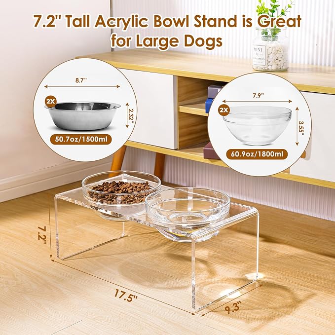 Acrylic Elevated Dog Cat Bowls Pet Feeder Double Bowl Raised Stand Comes with 2 Removable Glass Bowls and 2 Stainless Steel Bowls.Perfect for Large Dogs, 7.2" Tall