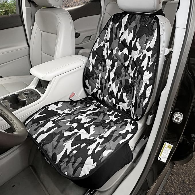 4Knines Heavy Duty Front Bucket Seat Cover for Dogs, Waterproof, Camo | Heavy-duty 600D polyester + K9-Shield waterproof protection. Fits captain & bucket seats. Nonslip. Easy install & clean.