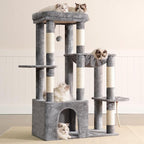 Heybly Heavy Duty Cat Tree with Large Base for Large Indoor Cats HCT026W | Cat Tower with Scratching Posts, Tall Cat Condo House , Multi-Level Plush Furniture with Hammock & Toy Balls, Light Gray