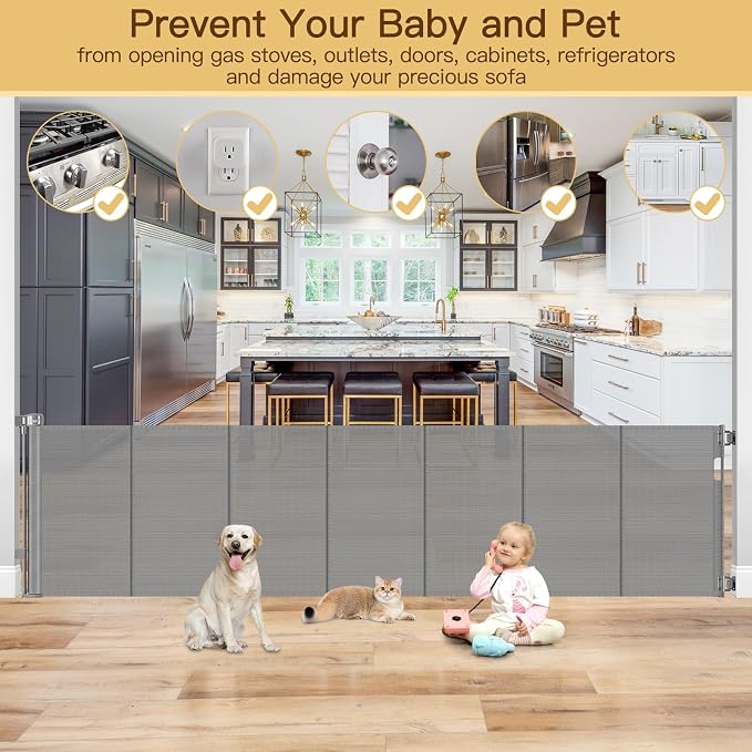 Reinforced 159 Inch Extra Wide Retractable Dog Gate with Support Rods, Indoor/Outdoor Retractable Gate, Prevent Babies and Dogs from Crawling Through Mesh Baby Gates for Doorways Extra Wide, Gray