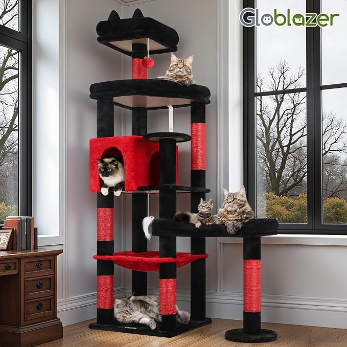 Globlazer Extra Large Platform Gothic Cat Tree, 65in Tall Sturdy Goth Cat Tower for Multiple Indoor Cats, Big Cat Tree for Large Cat with 3 Enlarged Perches, 6 Scratching Posts, Condo, S65, Red Black