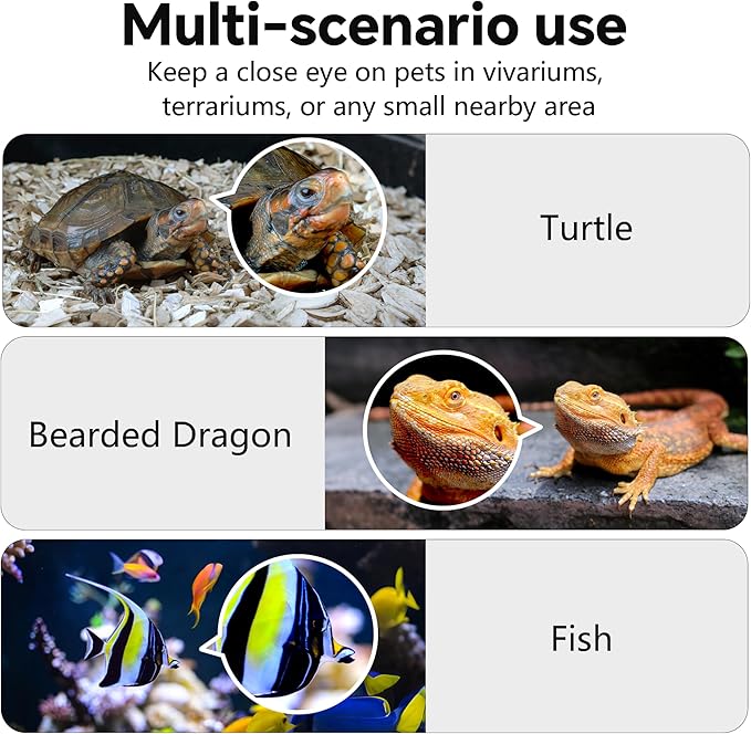 3MP 2K AI Reptile Aquarium Camera, Close-Focus Lens for Fish Tank Terrarium | Angle Magnetic Mount, Dual-Band Wi-Fi 2.4 GHz/5 GHz, 24/7 Recording, Anti-Glare and No Reflection, for Lizards and Snakes