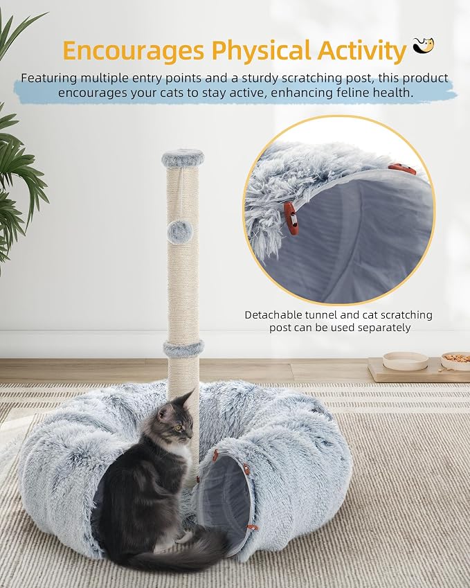 Aechonow 3-in-1 Cat Tunnel Bed, 34'' Cat Scratching Post for Indoor Cats | Fluffy Peekaboo Donut Hideout Toy for Pets, Rabbit, Ferret