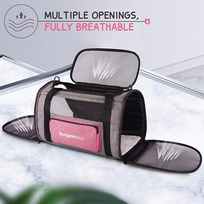 BurgeonNest Cat Carriers for Medium Puppy Under 25 lbs, Pet Carrier for Cats with Unique Side Bag,Top Load Small Pet Bag Soft-Sided Escape Proof with 4 Ventilated Windows | Soft sided pink cat carrier with mesh windows, ventilation and storage pocket f...