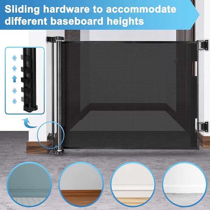55" Wide Retractable Baby Gates for Doorways, Retractable Dog Gate, Black | Indoor & Outdoor, Space-Saving, Easy One-Hand Operation, Safety Lock, Durable Mesh, Easy Install, for Stairs/Hallways/Decks