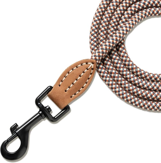 Mile High Life Thin Small Dog Leash with Genuine Leather Connection | Rope Leash, Heavy Duty 360° Swivel Metal Clasp, for Small Medium & Large Dogs (Brown, 60 Inch)