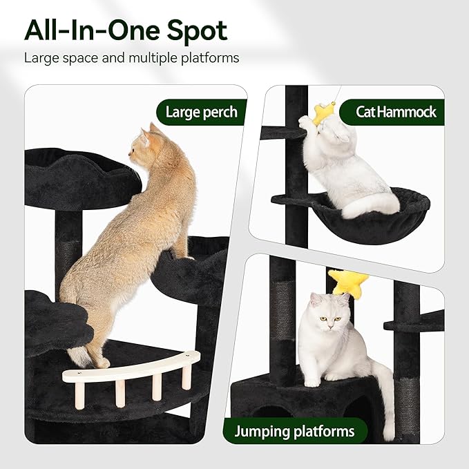 Meecal 79inch Giant Cat Tree for Indoor Cats Large Adult, Multi-Level Heavy Duty Cat Tower with Scratching Post, Cat Condo with Hammocks & Plush Perches, Black