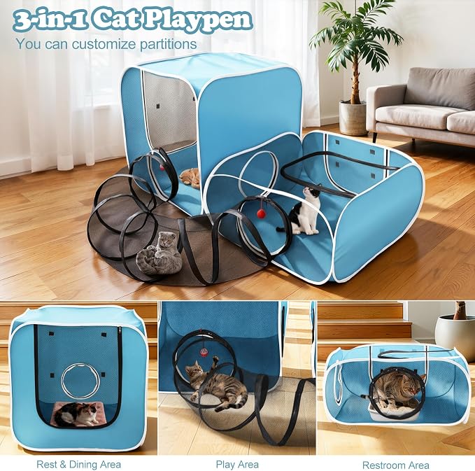 Cat Playpen, 3-in-1 Pop-up Outdoor Cat Enclosure, Blue | 2 Rooms & Tunnel, Breathable Mesh, Carry Bag, Interactive Toys, Multi-Entry Doors, Indoor & Outdoor Use for small pets