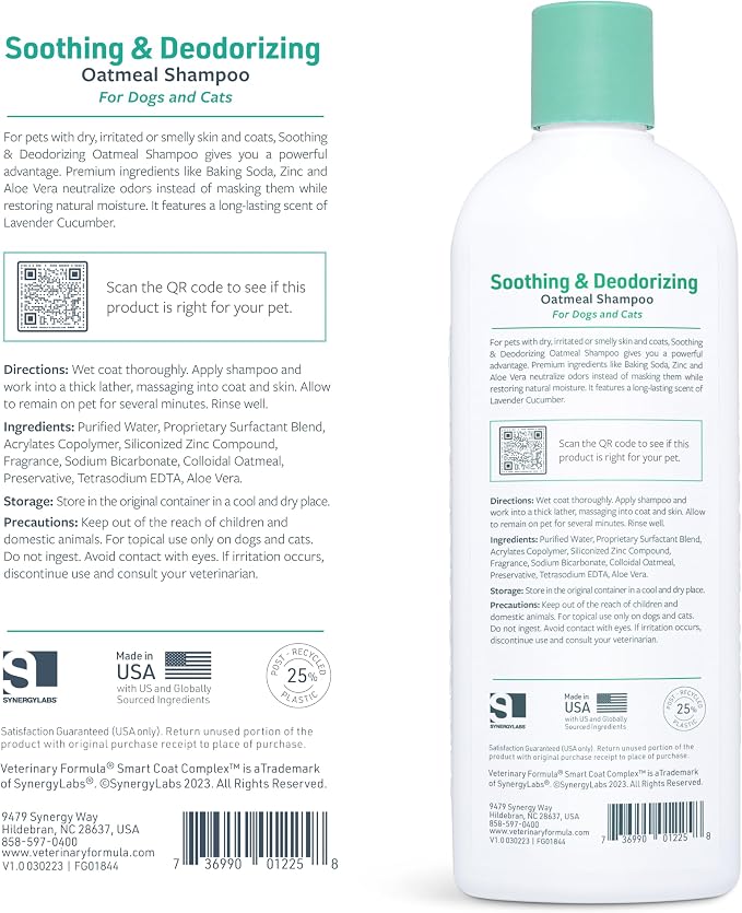 Veterinary Formula Smart Coat Complex Soothing and Deodorizing Oatmeal Shampoo for Dogs, 17 Fl oz – Baking Soda Eliminates Odors, Aloe Vera & Oatmeal Cleanse and Hydrate Skin – Long-Lasting Fragrance | Oatmeal and aloe vera formula, baking soda odor co...