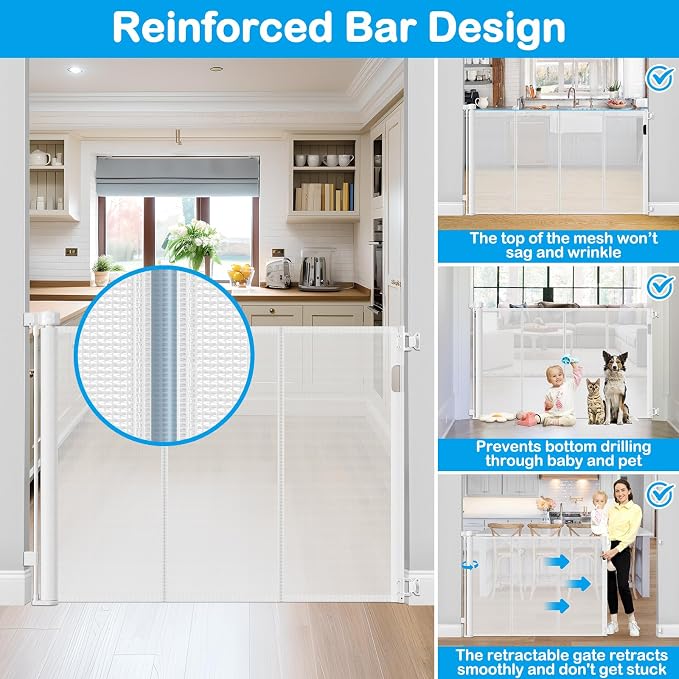 42 Inch Extra Tall Retractable Baby Gates with Reinforced Strips 55 Inch Wide Outdoor Retractable Dog Gate No Sag Extra Tall Baby Gate for Doorway Anti-Scratch Mesh Gates for Kids or Pets, White