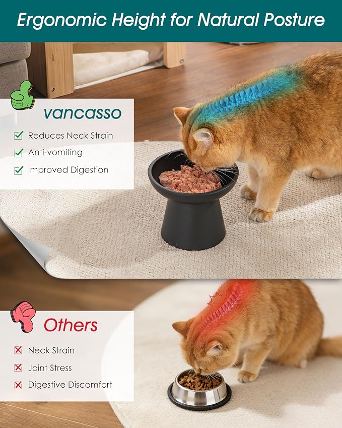 vancasso Elevated Cat Food Bowls 2-Pack, 6.2" Wide Shallow Cat Feeding Bowl for Whisker Fatigue, 5.1" Height Ceramic Raised Food Bowls for Senior Cats, Anti Vomit, Black