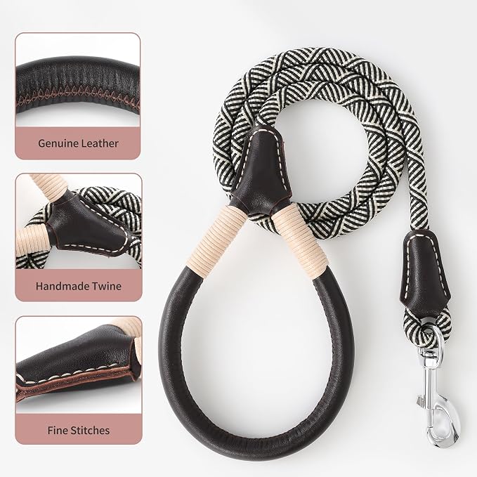 Mile High Life Dog Leash with Genuine Leather Handle, 4/5/6 FT | Comfortable Leather Grip Rope Leash, Heavy Duty 360° Swivel Metal Clasp, for Small Medium & Large Dogs (Khaki White, 60 Inch)