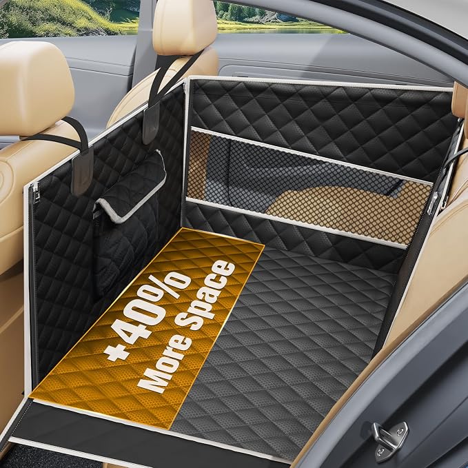 PETICON XL Large Dog Car Seat, Back Seat Extender for Pets with Hard Bottom | Waterproof Pet Carseat for Large/Medium Dog, Mesh Windows, Large Pocket, One-Piece Base Plate, Dog Hammock for Cars/SUV/Truck