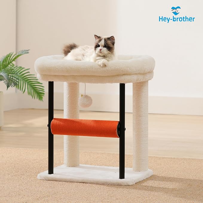 Hey-brother Cat Tree, Sturdy Tower with Sisal-Wrapped Columns, MPJ010SM | 18.9 Inches Cats Scratching Posts with Bed, Plush Toy Ball for Indoor Kittens, Beige