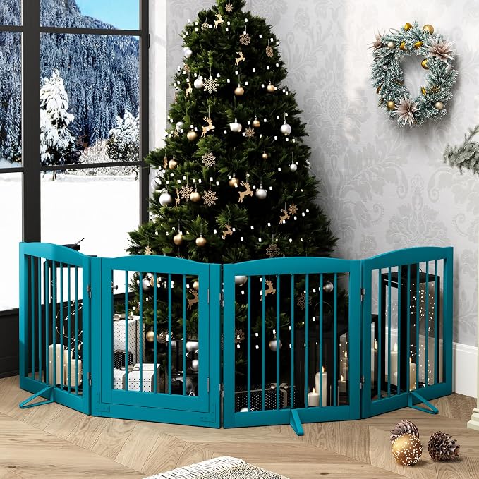 PUPETPO Freestanding Dog Gate with Door, Pet Gate for Stairs, 80 inch Wide Pet Barrier Indoor, Dog Fences Indoor, Support Feet Included, 4 Panels, 24" Tall, Blue