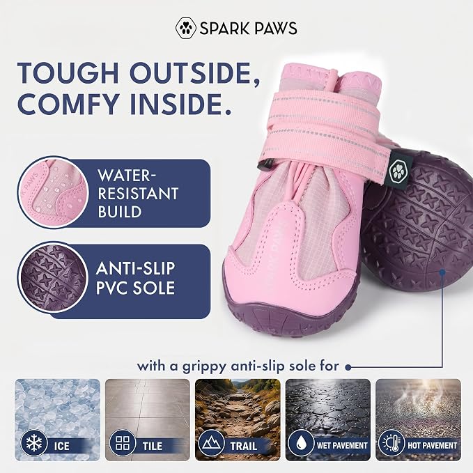 Spark Paws 365 Dog Shoes - All-Season Boots for Winter Snow & Hot Pavement | Water-resistant, anti-slip, stay-on straps - rain, ice & summer booties in one. Reflective; small, medium & large dogs
