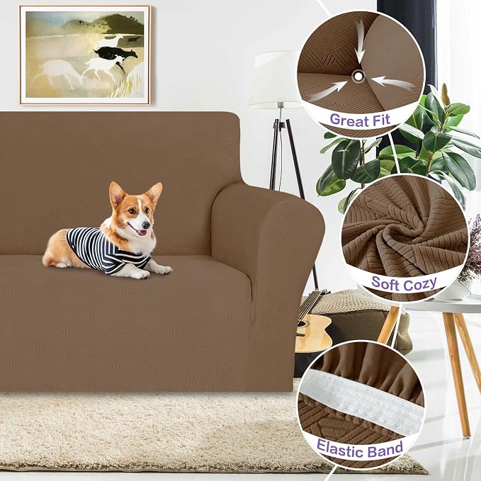 ZNSAYOTX Oversized Super Stretch Couch Cover (92"-115"), New Striped Sofa Covers Comfortable & Durable, Dog Cat Pets Friendly Extra Large Spandex Sofa Slipcovers (Light Coffee, XL Sofa)