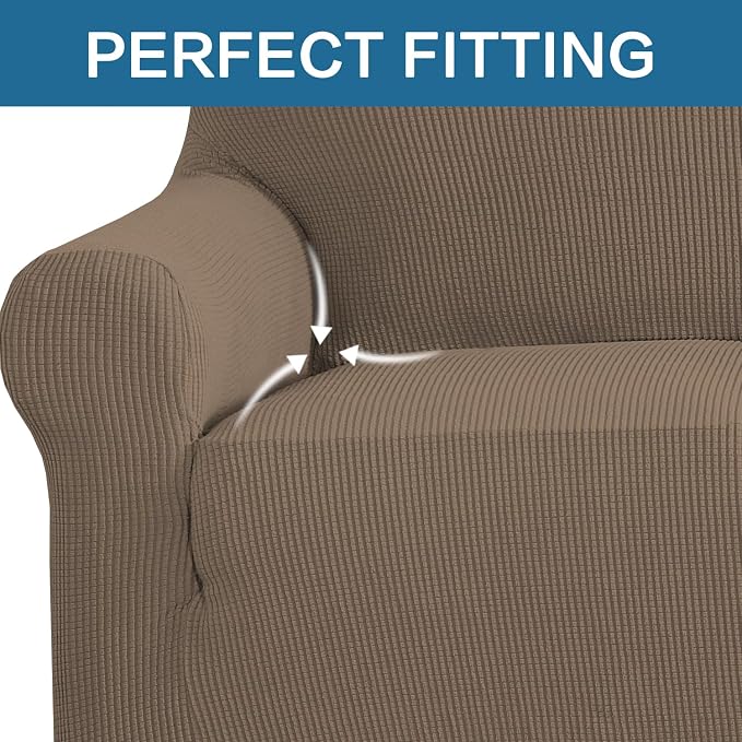 H.VERSAILTEX Stretch Couch Covers for Sofa 1 Piece Slipcovers for Couches and Sofas 3 Seater Couch Cover Feature Thick Checked Jacquard Fabric with Elastic Bottom(Large Sofa 90"-100" Wide, Macchiato)
