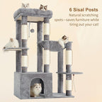 Heybly Heavy Duty Cat Tree with Large Base for Large Indoor Cats HCT026W | Cat Tower with Scratching Posts, Tall Cat Condo House , Multi-Level Plush Furniture with Hammock & Toy Balls, Light Gray