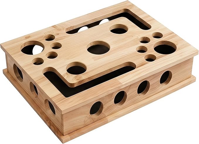 【Large&Thicken Oak 】Cat Nail File Scratcher Puzzle Box,High-Density Furniture Grade Oak,Porous Design,Stimulate Cat Exploratory &Slow Down Eat Speed;Built In Frosted Paper,Polish Their Nail While Play