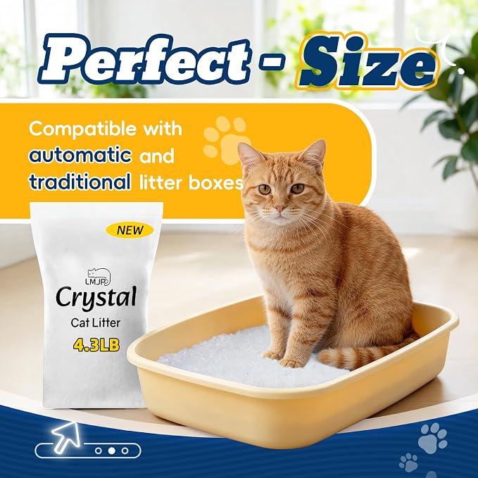 LMJP Crystal Cat Litter for Long-Lasting Odor Control, Non-Clumping, 17.2lb | 4 Months Supply, Unscented, Rapid Water Absorption, Low Tracking, Low Dust, Lightweight White Silica, 4 Pack of 4.3lb