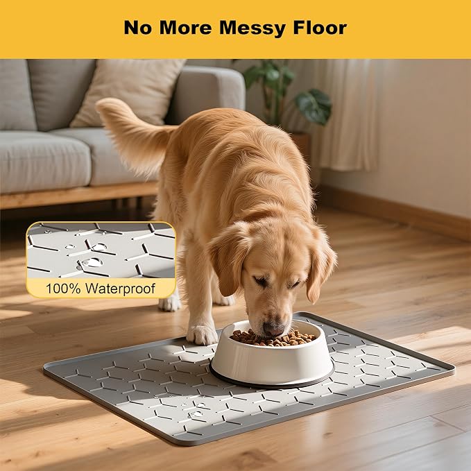Pieviev Silicone Dog Cat Food Bowl Mat, Waterproof Raised Edge, 24'' x 16'' | Food-Grade Bpa-Free Pet Food Mat, Waterproof & Non-Slip, Raised Edges Contains Spills & Drips, Fits Pet Bowls and Fountains