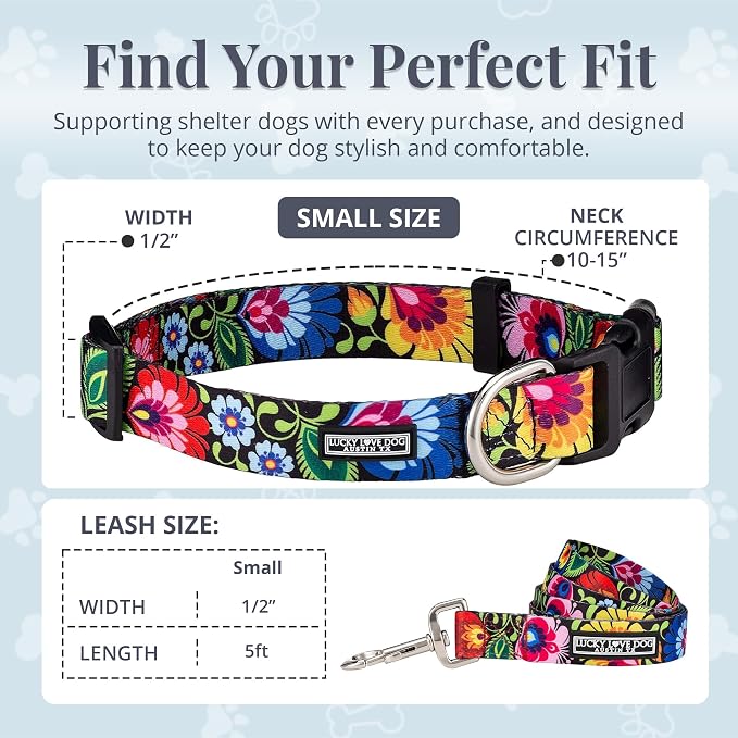 Lucky Love Dog - Easy Click Buckle Dog Collar with Leash Set Combo, Durable & Comfortable for Male & Female Dogs, Pet Collar for Small Dogs, Secure Fit - Blackbird Combo, Small