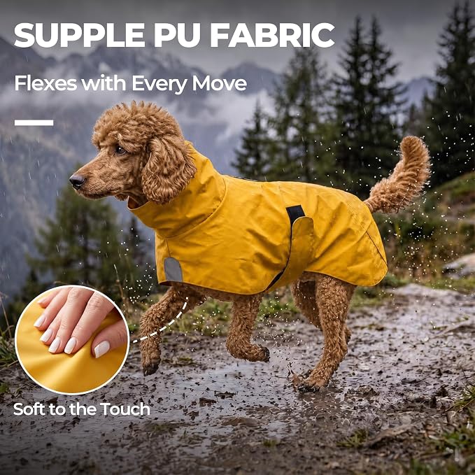 PU Dog Raincoat, Non-Toxic & Odorless Waterproof Vest, Adjustable High Neck and Hook & Loop Belly Closure for Rainy Potty Breaks & Wet Weather Outdoor Walks (Yellow, X-Large)