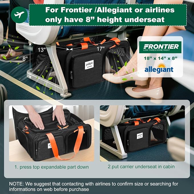 pidipiti 17x13x8 Soft-Sided pet Carrier,for 1 Extra-Small Dog/Small cat | top Expandable,TSA Approved,for Frontier Allegiant Breeze Airlines ,with 2 pockets,zipper lock,leakproof,good Visibility