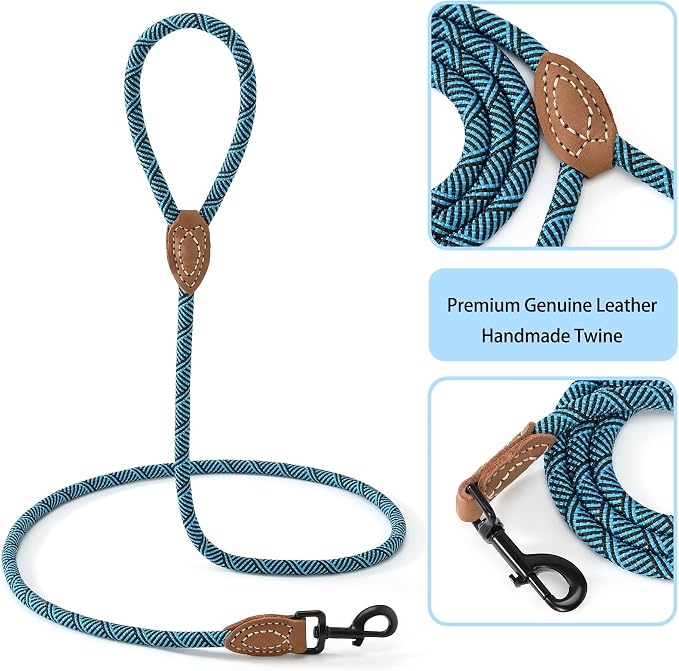 Mile High Life Dog Leash with Genuine Leather Connection, 6 FT/5 FT/4 FT | Rope Leash, Heavy Duty 360° Swivel Metal Clasp, for Small Medium & Large Dogs (Green, 72 Inch)