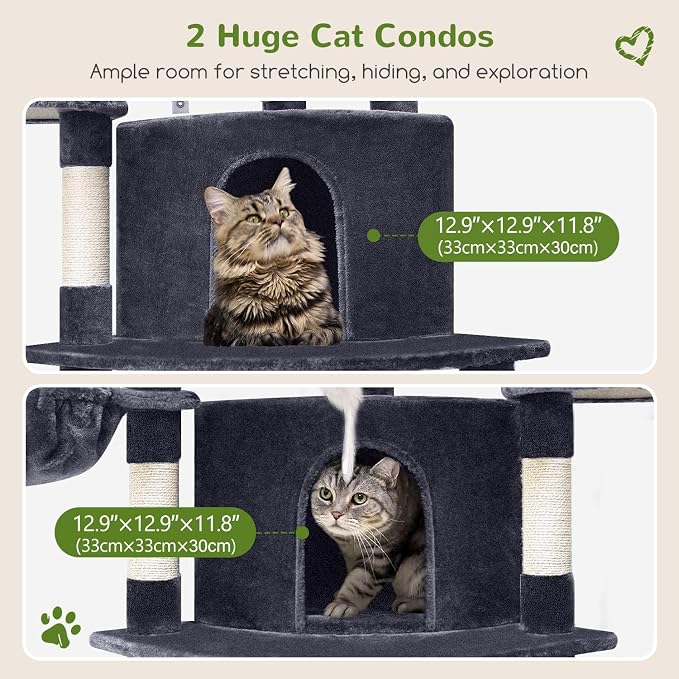 Globlazer Corner Cat Tree for Large Cats, 66inch Tall Curved Series Large Cat Tower for Multiple Indoor Cats with 6 Scratching Posts, 2 Spacious Cat Condos, Hammock, Hanging Basket, C66, Dark Grey