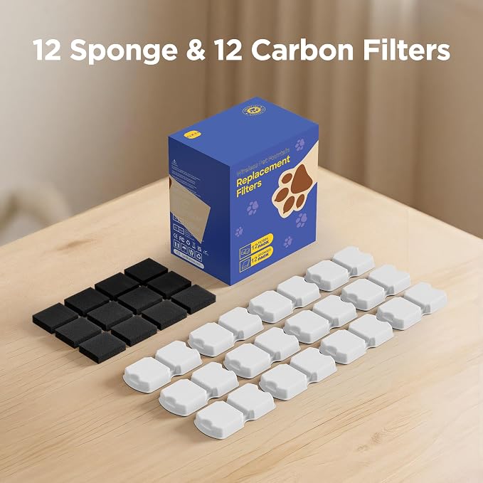 Pet Water Fountain Filter: 24 Per Fountain Filter Replacement - 6 Months Set of Replacement Filters for GIOTOHUN KOOGMOON UMOCUOY IHOUONE HOOISE Cat Fountains - 12 Filters & 12 Sponges