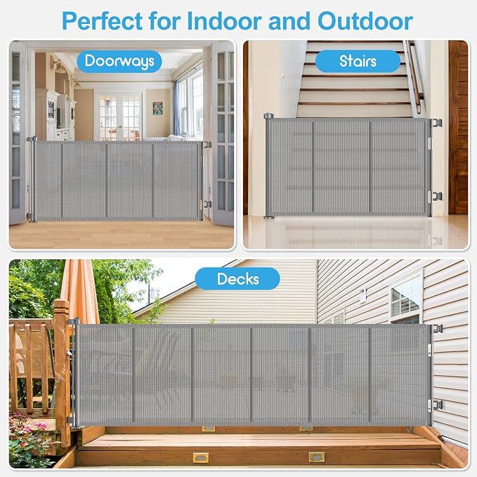 EZIGO 120 Inch Retractable Baby Gates Extra Wide Reinforced Baby Dog Gate | 34 Inch Tall Retractable Dog Gate with Reinforced Strip Mesh Safety Pet Gate for Stairs Hallway Doorway Indoor Outdoor, Gray