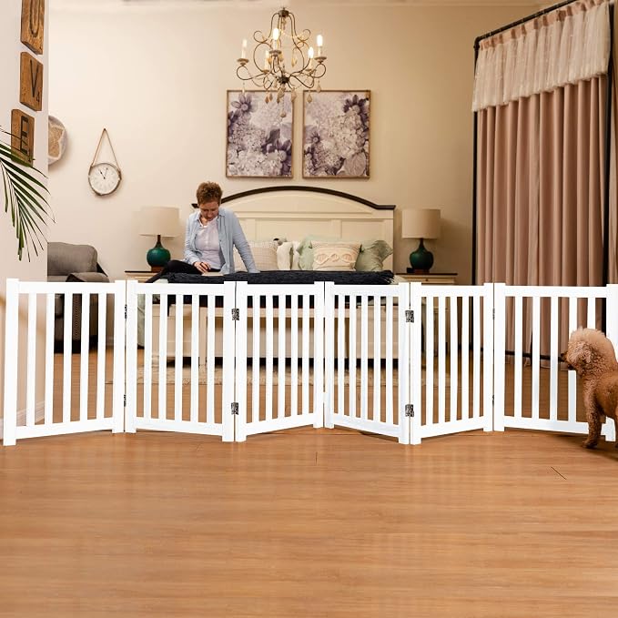LZRS Extra-Wide Freestanding Wooden Dog Gate Indoor – 120" W x 24" H Foldable Safety Pet Barrier for Doorways, Hallways, Kitchens, and Long Staircases, Durable Design fit Small to Medium Dogs, White
