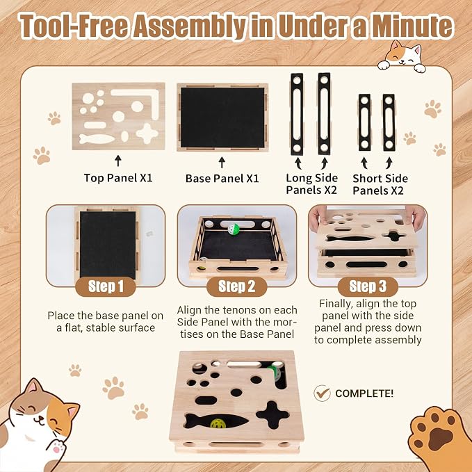 Cat Scratch Puzzle Enrichment Box, Wood Interactive Cat Toy with Sandpaper | Indoor Cat Nail File Box, Claw Craft Cat Nail Trimmer Box for Kitten, Cat Puzzle Toy, Nail Clipper(No Bell Ball)