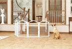 BHG Metal No-Assembly Freestanding Dog Gate with Door Walk Through, Extra Wide 144", Extra Tall 32" Pet Gate, Accordion Puppy Folding Playpen Dog Fence for Indoor & Outdoor, with 2PCS Support
