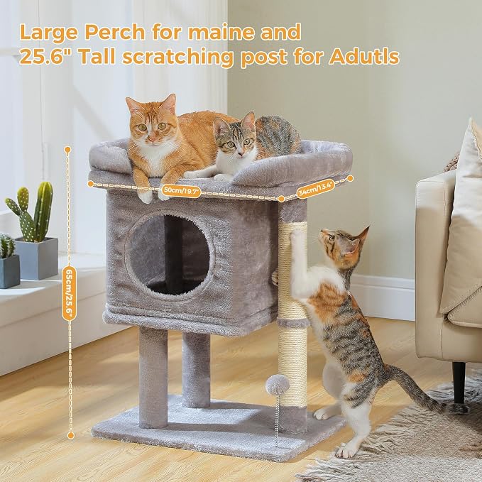 PAWZ Road 26" Cat Tree for Indoor Cats, Small Tower with 19X13”Bed | Cozy Cat Condo with Tall Sisal Posts & Spring Ball, Raised Edge Bed Keeps Cats Secure Compact for Corners or by Window