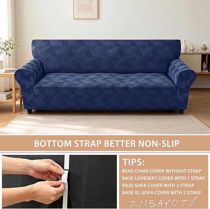 ZNSAYOTX Stretch Oversized Couch Covers for 3 Cushion Couch, 1-Piece Extra Large Sofa Cover Slipcover, Furniture Protector with Elastic Bottom Geometrical Jacquard Fabric (X-Large, Navy Blue)