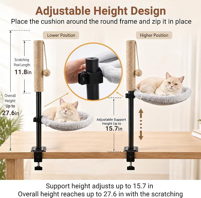 PatiencET Cat Desk Bed with Scratching Post Adjustable Clamp-On Perch | 13.8 in clamp-on bed fits flat tabletops up to 3.3 in; adjustable support, rope scratching post and washable cover