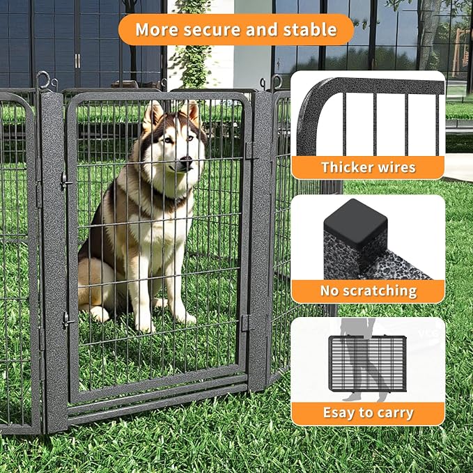 Dog Playpen Outdoor with Low Threshold Gate, 32 inch 10 Panels Dog Play Pen Indoors, Heavy Duty Metal Puppy Playpen Dogs Pen, Rust-Resistant Pet Playpens for Yard RV Camping