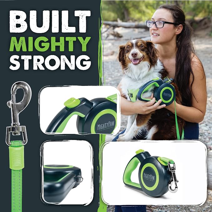 Mighty Paw Retractable Dog Leash, Heavy Duty for Small, Medium & Large Dogs | Anti-Slip Handle, Reflective Nylon Tape, Tangle-Free Swivel Clip, Auto-Locking Button, U-Shaped Guide