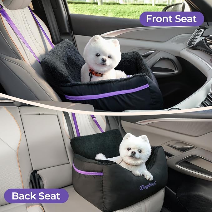 BurgeonNest Dog Car Seat for Small Dogs & Cats Under 25 lbs, Black Purple
