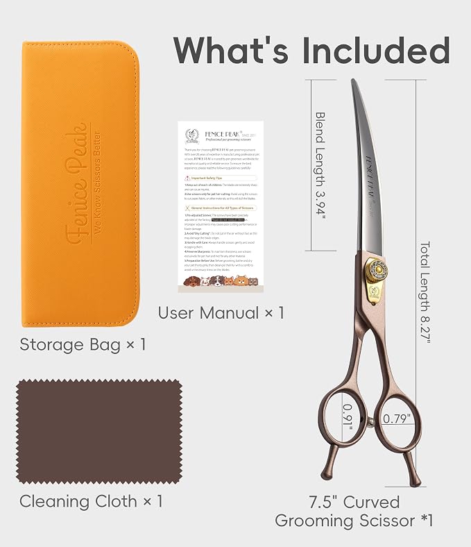 Professional Curved Dog Grooming Scissors 7.5'' Rose Gold 440C Stainless Steel Pet Cutting Shears Safety Trimming Shearing for Dogs Cats