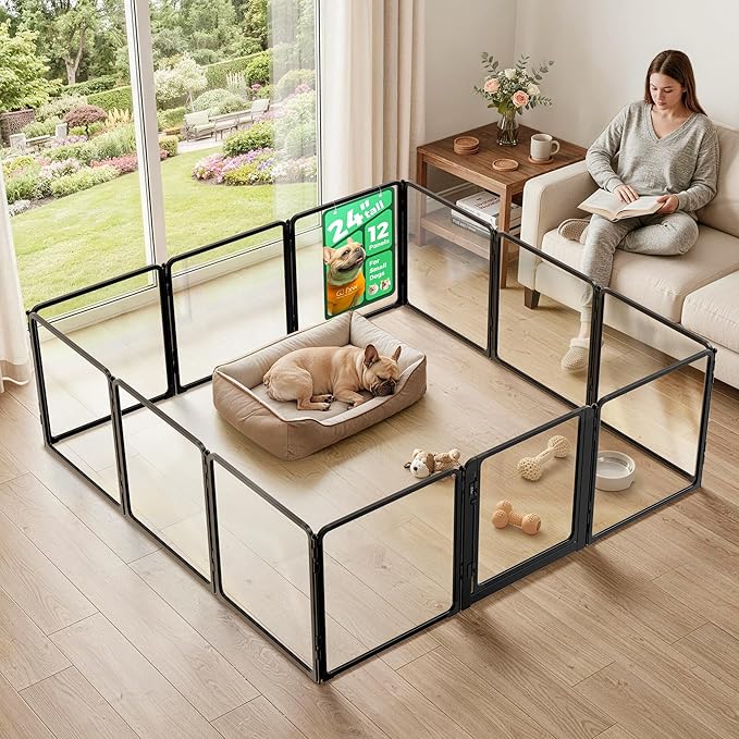 FXW AuraSpace Pro Clear Acrylic Indoor Dog Playpen, 24" H, 12 Panels | Open View, No Climbing Bars, Heavy-duty Metal, DIY Layouts, Easy Access, For Puppies & Small Dogs, Patented
